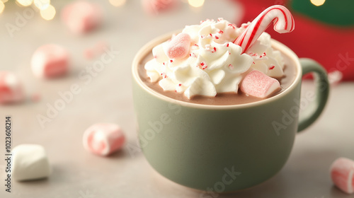 Hot cocoa topped with whipped cream and candy canes, product shot, red and green background, festive marshmallow shapes, cozy winter aesthetic, soft lighting