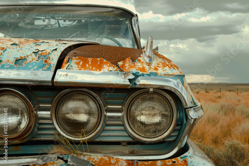 A rusted old car with a faded blue paint job