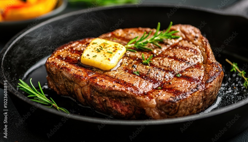 A juicy steak topped with melting butter, garnished with herbs, served on a black plate, showcasing a deliciously grilled meal. A juicy steak topped with melting butter, garnished with herbs, served on a black plate, showcasing a deliciously grilled meal.