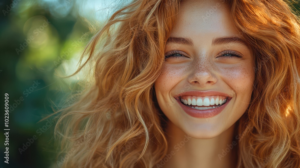 Smiling red-haired woman outdoors in natural sunlight Smiling red-haired woman outdoors in natural sunlight