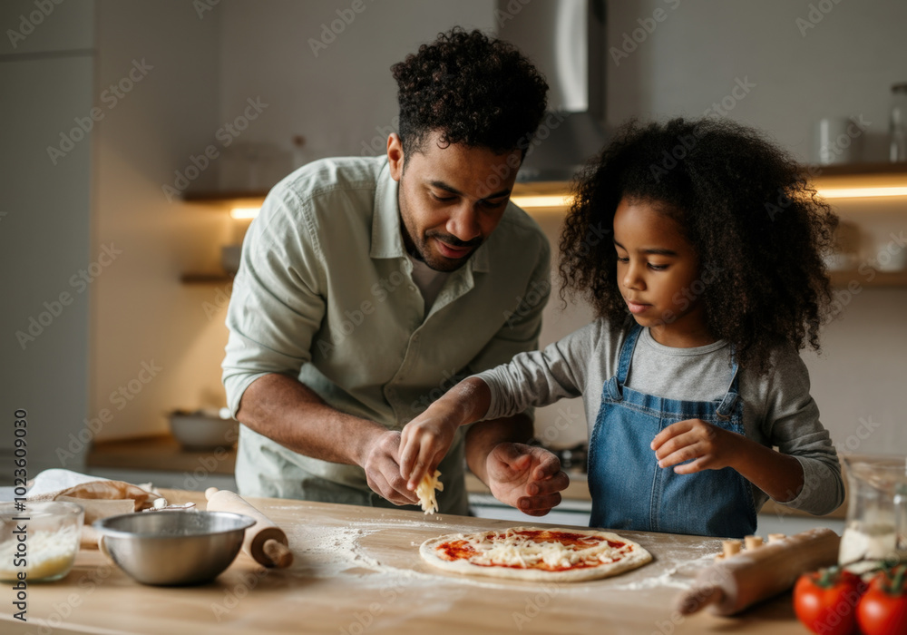 Father and daughter are carefully adding cheese to pizza dough while making a meal together in their kitchen Father and daughter are carefully adding cheese to pizza dough while making a meal together in their kitchen