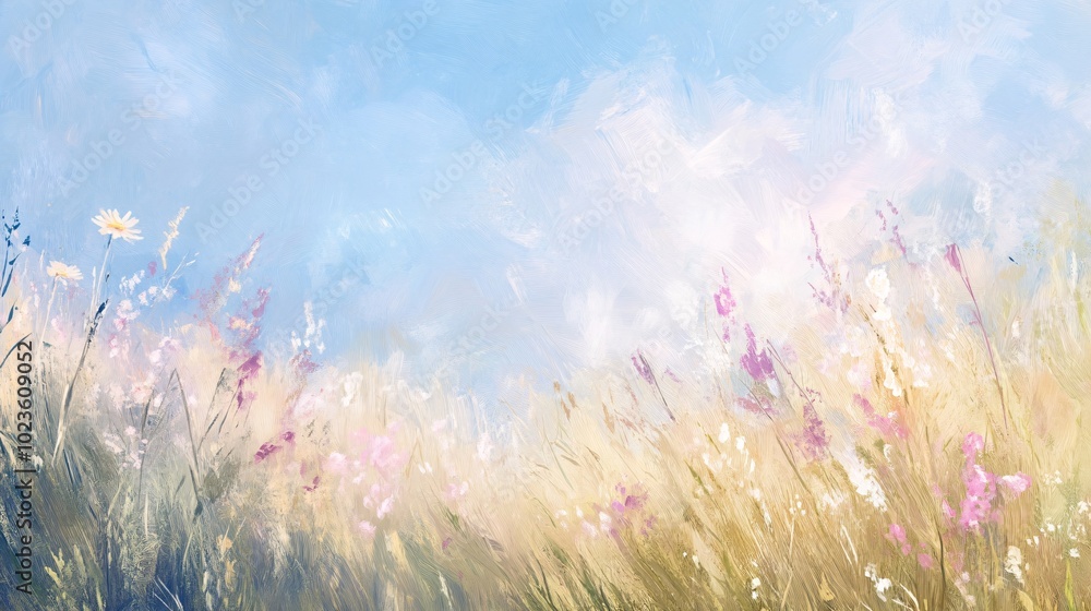 Fototapeta premium Impressionist Painting of a Blooming Meadow Under a Clear Blue Sky