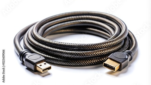 Large HDMI cable on white isolated background, long cable twisted with selective focus