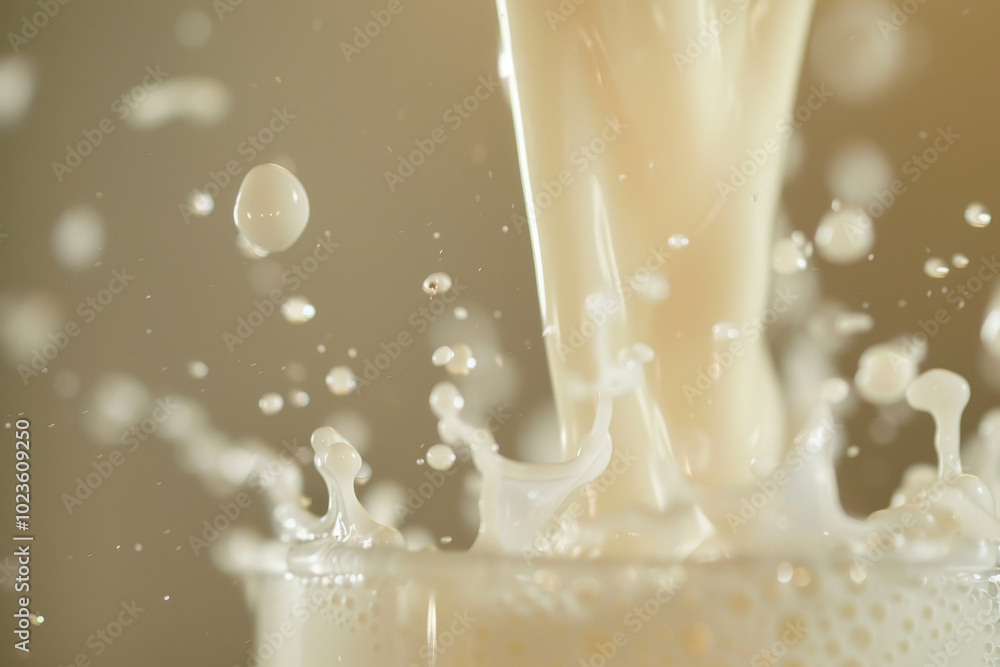 A glass of milk is poured into a cup, creating a splash of white liquid A glass of milk is poured into a cup, creating a splash of white liquid