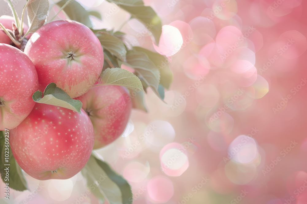 A close up of a bunch of red apples hanging from a tree A close up of a bunch of red apples hanging from a tree