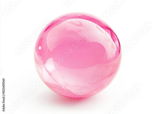 bright shiny pink bubble isolated on a pure white background, capturing the essence of fun and playfulness, with softly diffused light creating gentle reflections and highlights