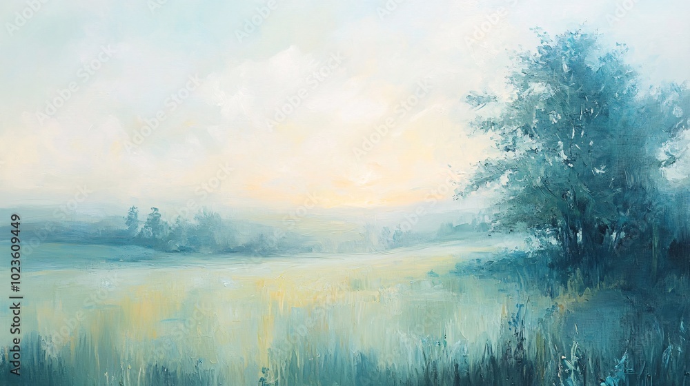 Fototapeta premium Impressionist-Style Painting of a Serene Meadow Landscape at Sunrise