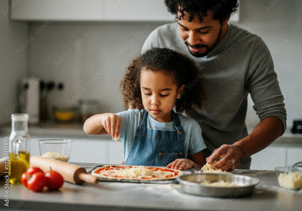 Father and daughter are adding cheese to a pizza they are making together Father and daughter are adding cheese to a pizza they are making together