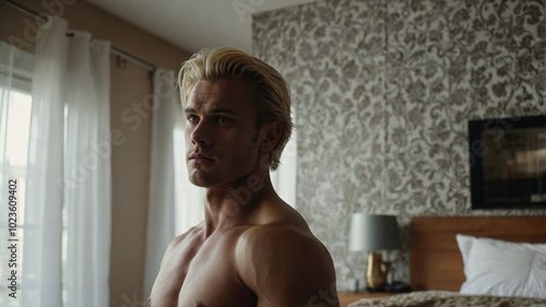 Handsome blond man displaying muscular physique in a stylish bedroom with natural light during morning hours.