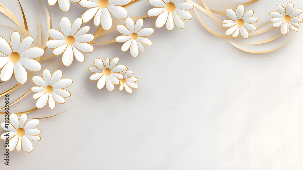 Charming floral card background with white daisies and gold accents with copy space for text Charming floral card background with white daisies and gold accents with copy space for text