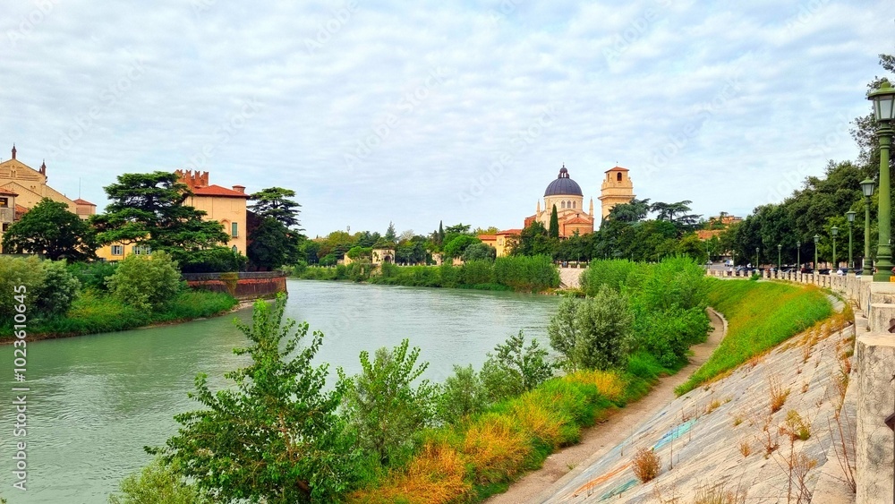 Verona - Italy - View from the river Adige to the Parrocchia di San Giorgio in Braida Verona - Italy - View from the river Adige to the Parrocchia di San Giorgio in Braida