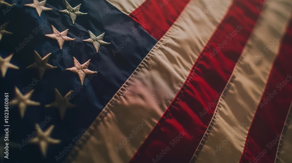 Close-up of an American flag showcasing stars and stripes. Close-up of an American flag showcasing stars and stripes.