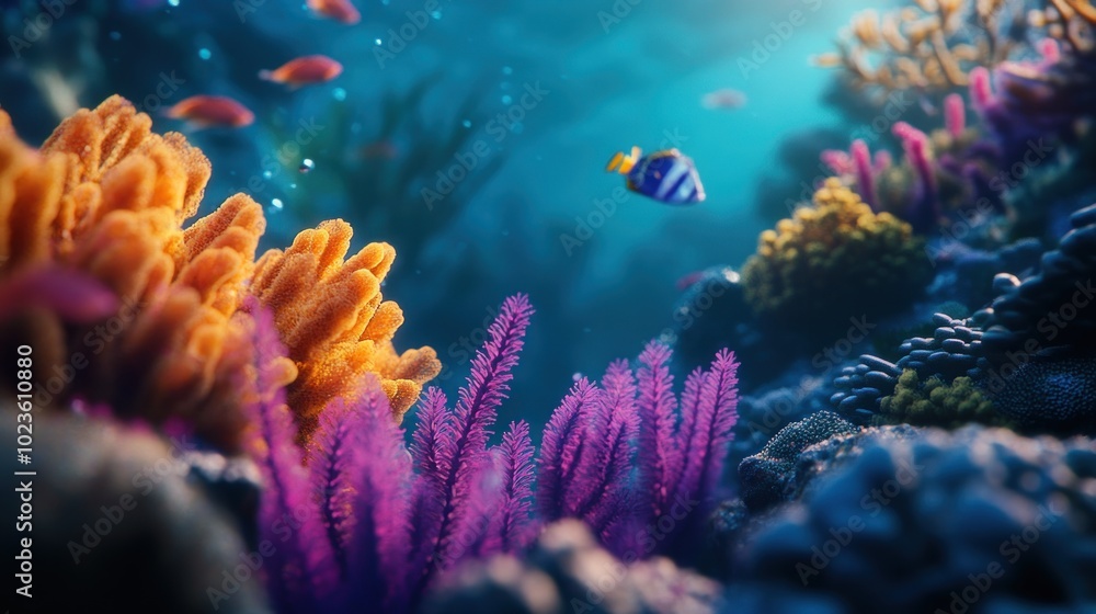 Naklejka premium Underwater scene featuring vibrant coral reefs and colorful fish in a serene ocean environment.