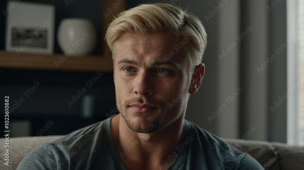 A handsome muscular blond man relaxing indoors on a cozy couch while engaging in a thoughtful conversation during the afternoon. A handsome muscular blond man relaxing indoors on a cozy couch while engaging in a thoughtful conversation during the afternoon.