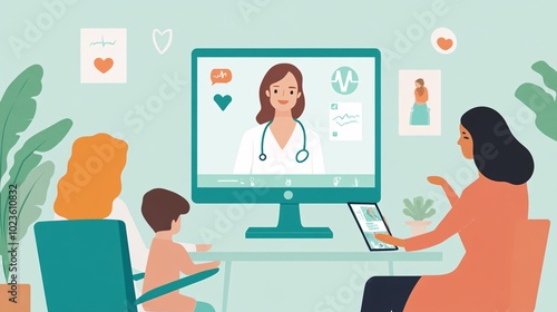 Pediatric Nurse Conducting Online Consultation with Parent and Child