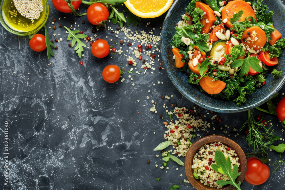 A bowl of salad with a variety of vegetables and a bottle of olive oil A bowl of salad with a variety of vegetables and a bottle of olive oil