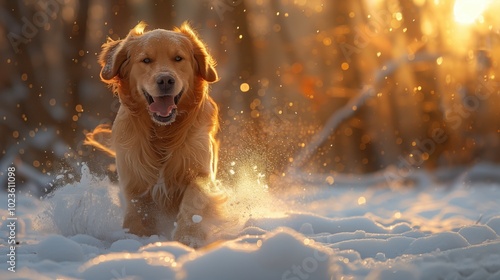 Golden Retriever Dog Running in Snowy Winter Forest Sunset photo