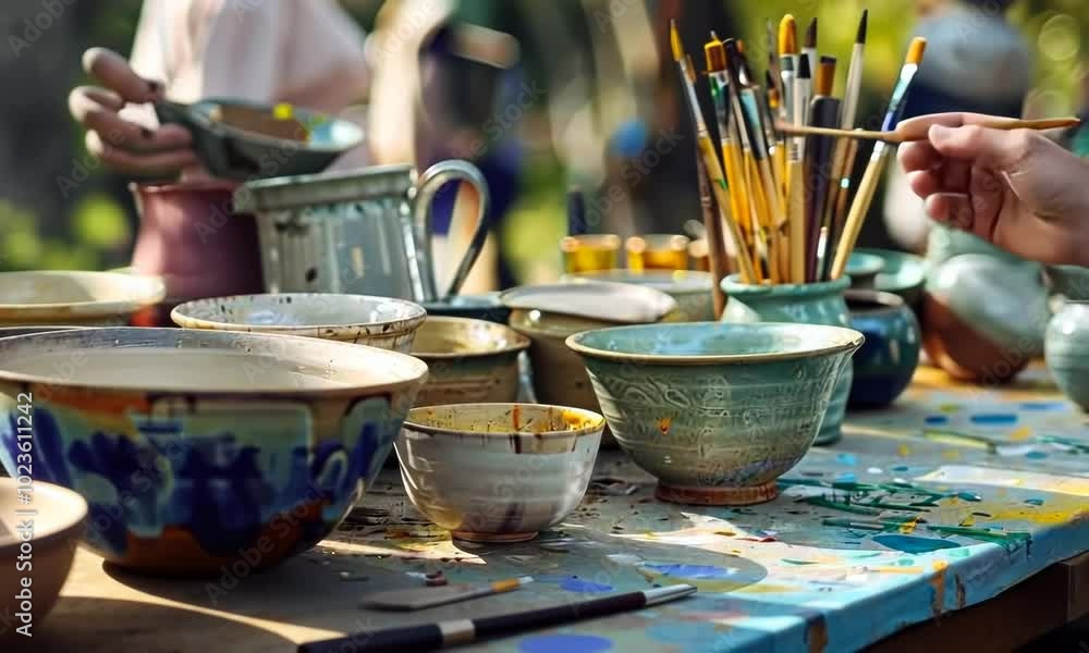 A table with many bowls and paintbrushes on it Video A table with many bowls and paintbrushes on it Video