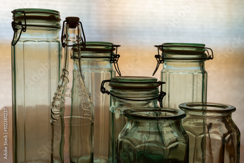 Backlit Green Glass Jars Bottles