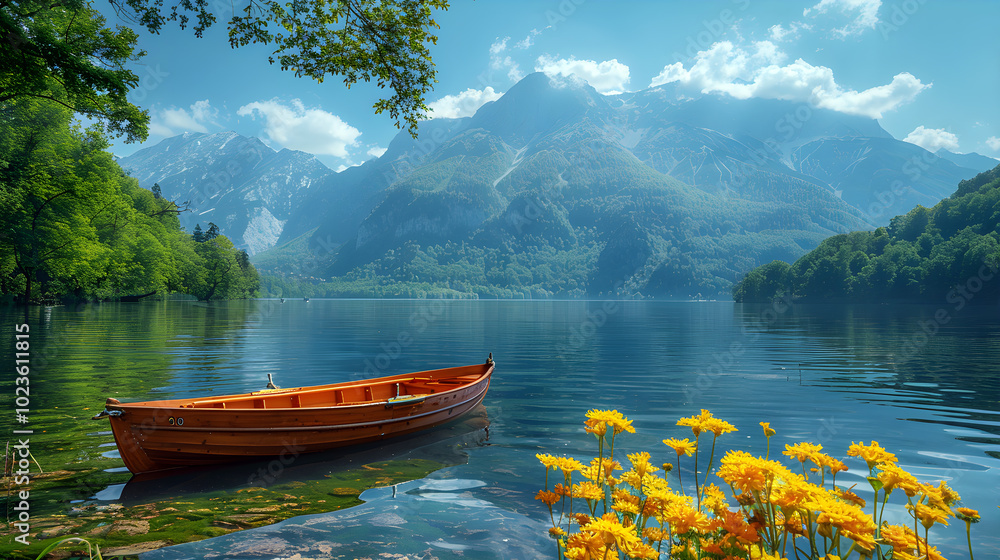 Canoe boat in the mountain lake wallpaper wooden canoe sits at the mountain lake beautiful background Canoe boat in the mountain lake wallpaper wooden canoe sits at the mountain lake beautiful background