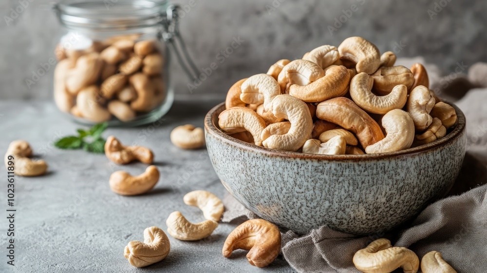 A bowl of roasted cashews with a glass jar of cashews in the background. A bowl of roasted cashews with a glass jar of cashews in the background.