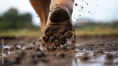 Closeup of pygmy hippopotamus feet as it walks through soft mud, focus on textures and details, wildlife detail, macro photography photo