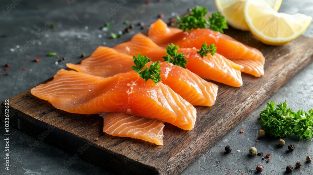 Traditional Norwegian smoked salmon in slices with parsley and lemon served as a close-up on a rustic wooden chopping board with text space Traditional Norwegian smoked salmon in slices with parsley and lemon served as a close-up on a rustic wooden chopping board with text space