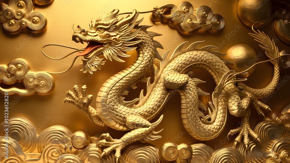 Obraz premium Majestic Intricately Designed Golden Dragon Sculpture in Asian Ornamental Style