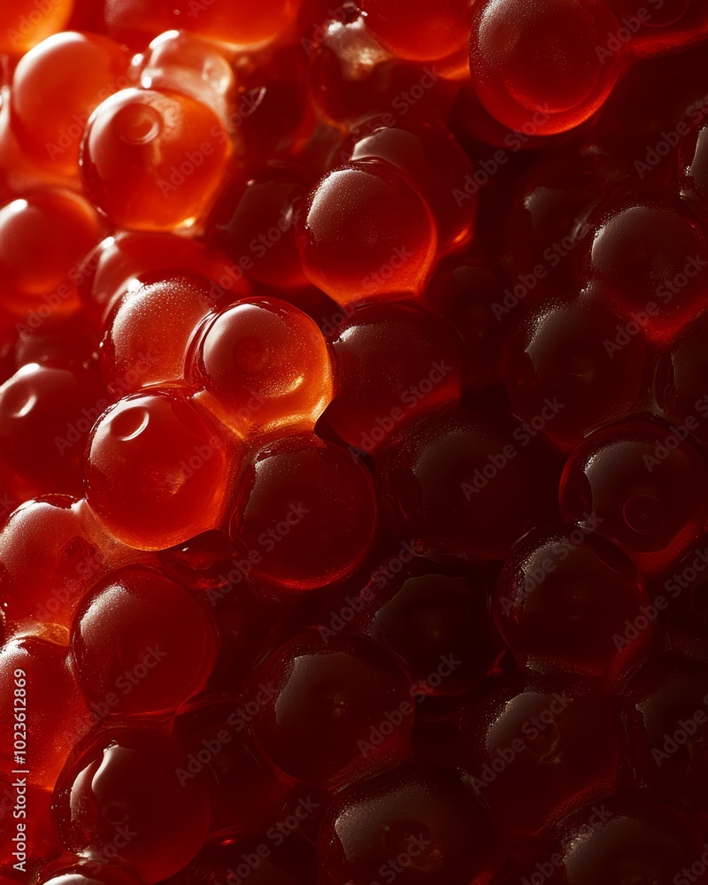 Close-up of vibrant red fish roe, showcasing its glossy texture and intricate details. Close-up of vibrant red fish roe, showcasing its glossy texture and intricate details.