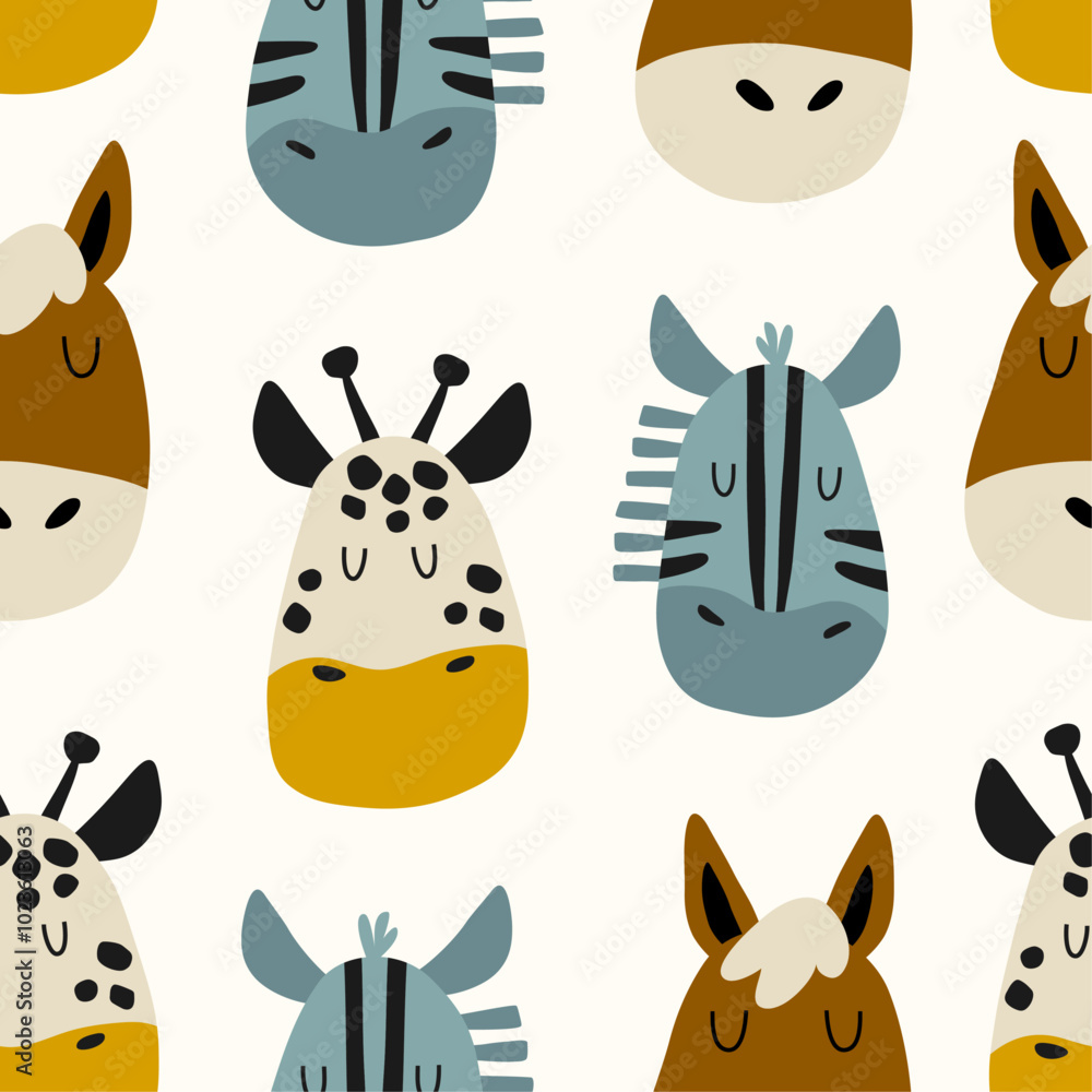 Fototapeta premium Colorful seamless pattern with funny animals, zebra, giraffe, horse. Cute design for textiles, fabric, wrapping paper and wallpaper.