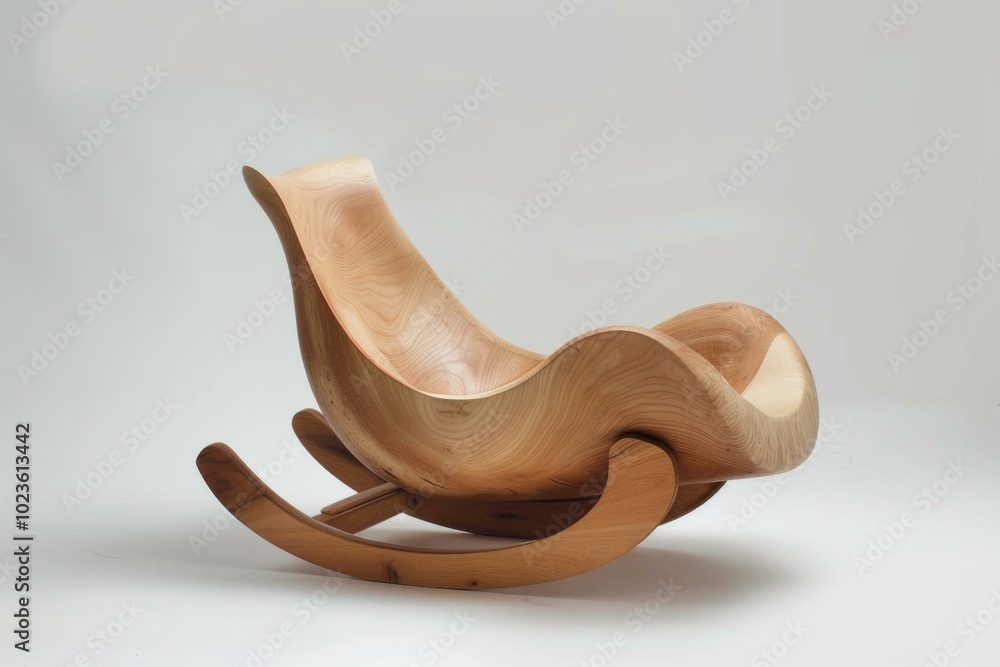 Modern rocking chair made of wood is standing on a white background Modern rocking chair made of wood is standing on a white background