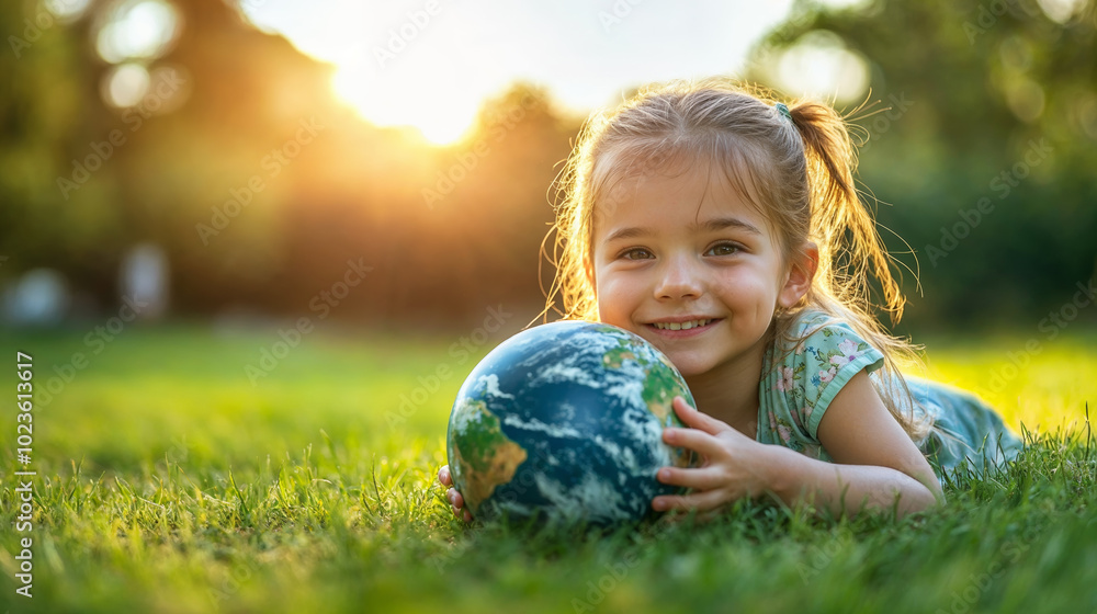 Fototapeta premium smiling young girl hugging a earth outdoors, generative ai