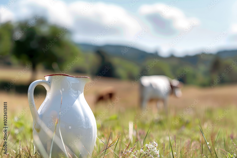 A white pitcher is sitting on the grass in a field A white pitcher is sitting on the grass in a field