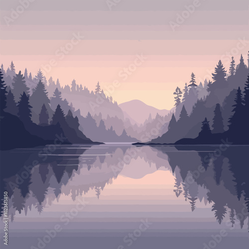 A serene landscape painting of a calm lake reflecting a misty forest at dawn