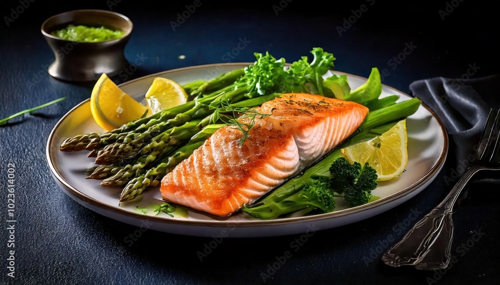 Low carb breakfast with baked salmon, greens, and asparagus Low carb breakfast with baked salmon, greens, and asparagus