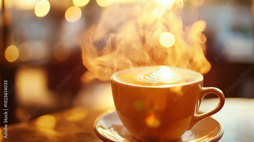 Steaming Cup of Coffee with Latte Art in a Warm Setting