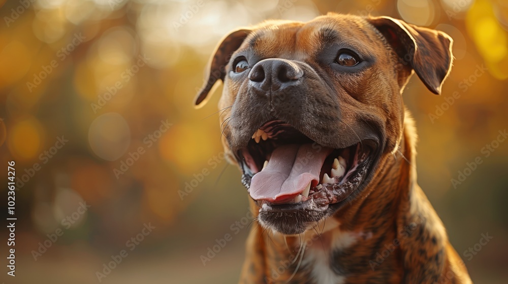 Fototapeta premium Happy Boxer Dog Smiling with Tongue Out in Nature