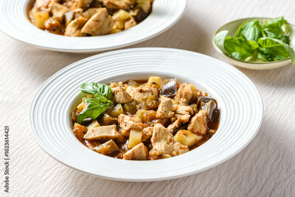 vegetable stew with chicken, sweet potato, eggplant and zucchini vegetable stew with chicken, sweet potato, eggplant and zucchini