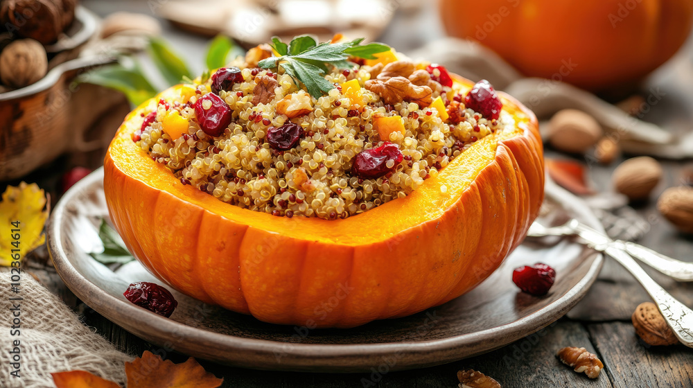 A baked stuffed pumpkin filled with quinoa, cranberries, and nuts, served on a platter as a festive autumnal dish, perfect for holiday celebrations. A baked stuffed pumpkin filled with quinoa, cranberries, and nuts, served on a platter as a festive autumnal dish, perfect for holiday celebrations.
