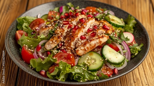 A close-up of a delicious salad with grilled chicken, pomegranate seeds, tomatoes, cucumbers, and red onion.