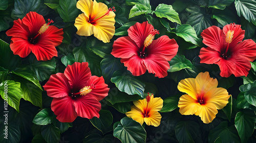 A tropical background of hibiscus flowers in bright reds and yellows with lush green leaves