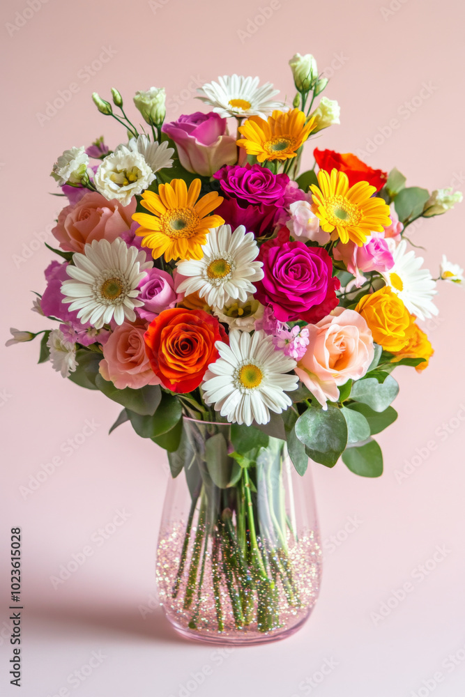 Vase with colorful flowers including roses and daisies on light background Vase with colorful flowers including roses and daisies on light background
