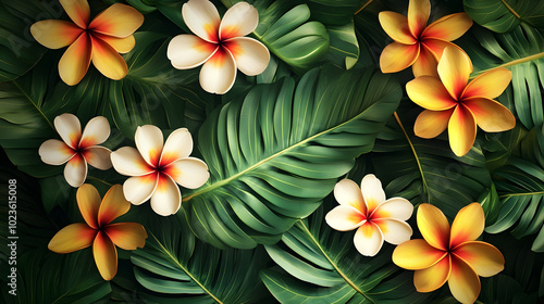 A tropical floral background with bright plumeria flowers set against lush green leaves