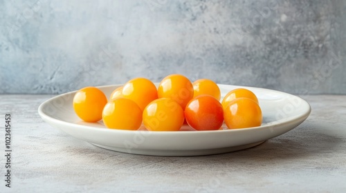 A close-up of a plate of yellow plums, ripe and ready to eat.