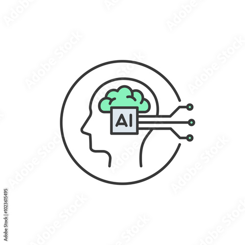 This icon illustrates a human head silhouette with a brain connected to a microchip labeled "AI," symbolizing the integration of artificial intelligence and highlighting technological innovation.