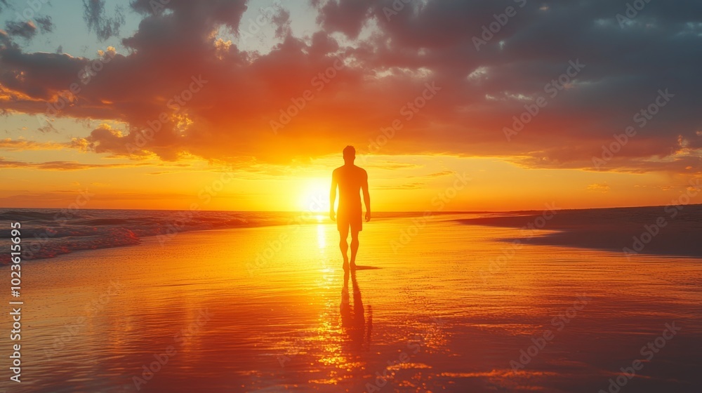 Fototapeta premium A man walks on a beach at sunset
