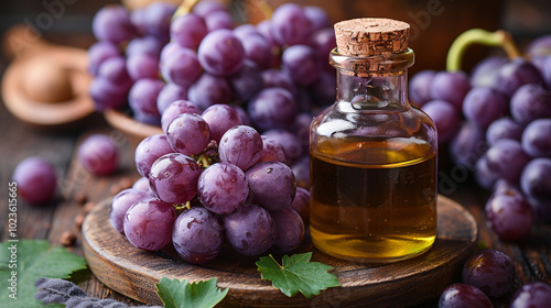 Illustration of healthy food, a small container of grape seed oil, and ripe grapes on the table. And an unusual background.