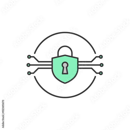 This icon features a shield with a keyhole at its center, surrounded by circuit lines and a partial circle. It represents digital security and protection in the tech and innovation space.