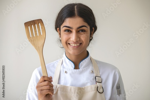 Smiling Indian Female Chef With Spatula In Commercial Kitchen