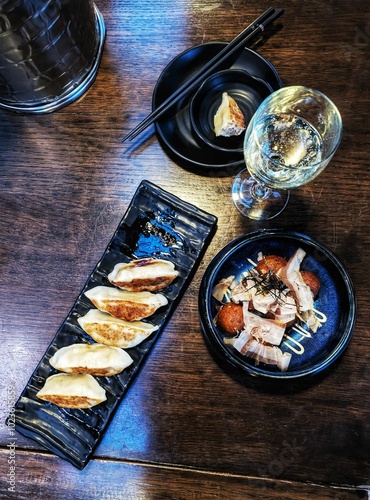 Top View of Authentic Japanese Cuisine: Gyoza and Takoyaki